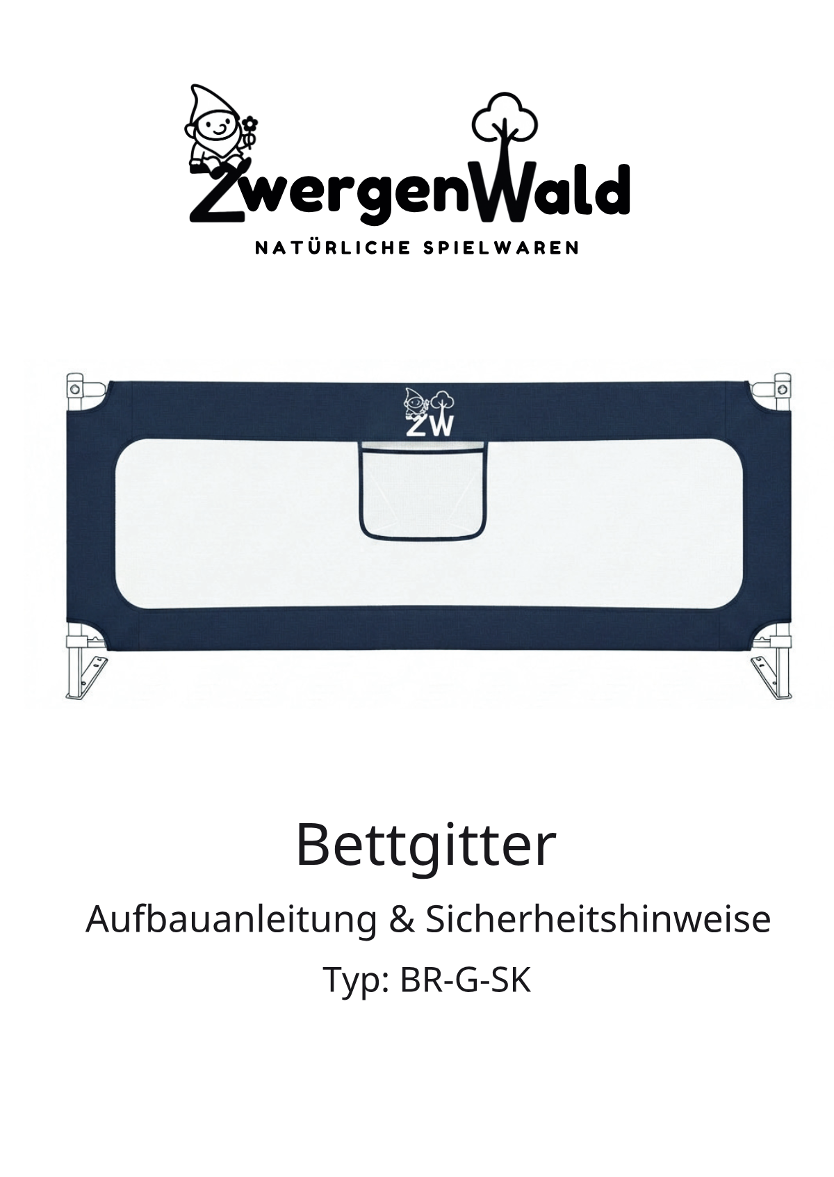Titelseite der Zwergenwald Bettgitter Aufbauanleitung mit Produktzeichnung